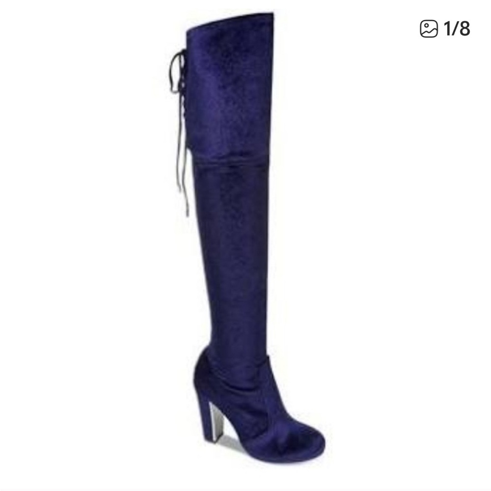 NWT Material Girl Priyanka blue velvet over the knee boots Size 6.5